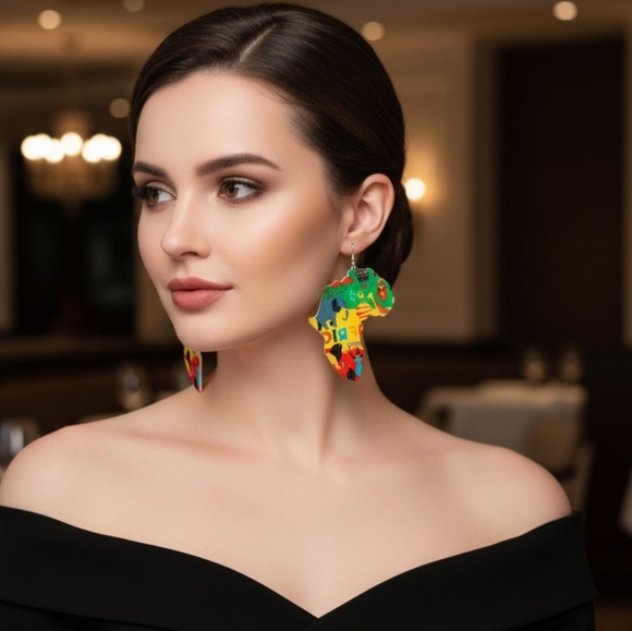 Fashion Jewelry Jewelry - African Map Animal Wood Painted Tribal Earrings. Length 3.0 inches